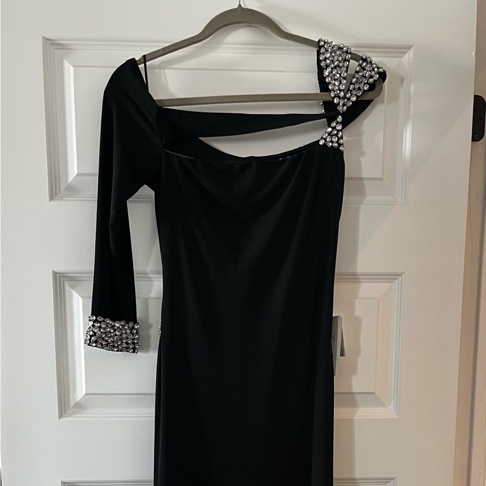 Jovani Black Long Sleeve Dress with Silver Accents